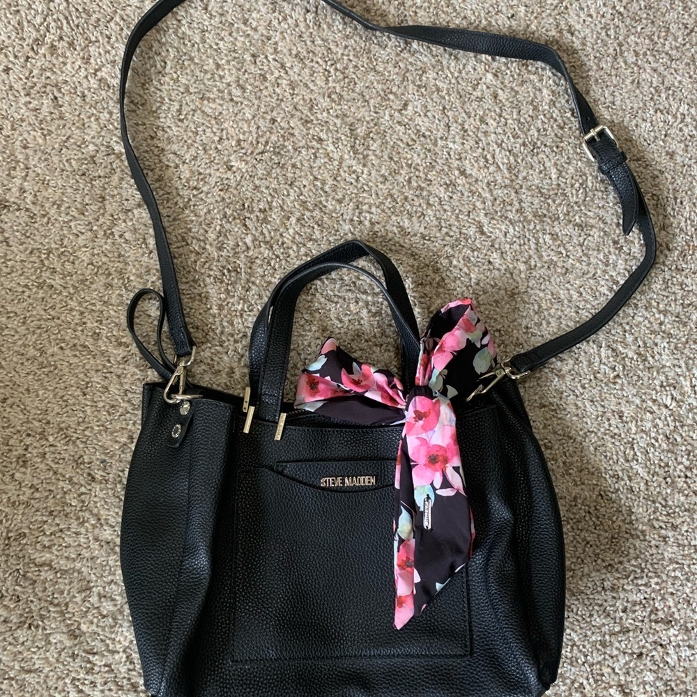 Steve Madden Black Shoulder Bag with Pink Floral Scarf